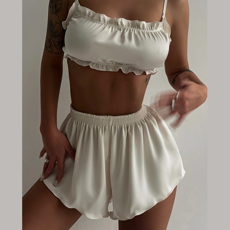 Ensemble pyjama deux pièces en dentelle, nouvelle collection printemps 2024, caraco uni, short exposant la taille_voghion.com