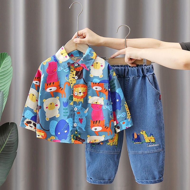 Traje para niños nuevo 2023, informal, de moda, primavera y otoño, con forro de flores y animales, conjunto de dos piezas de jeans para niños_voghion.com