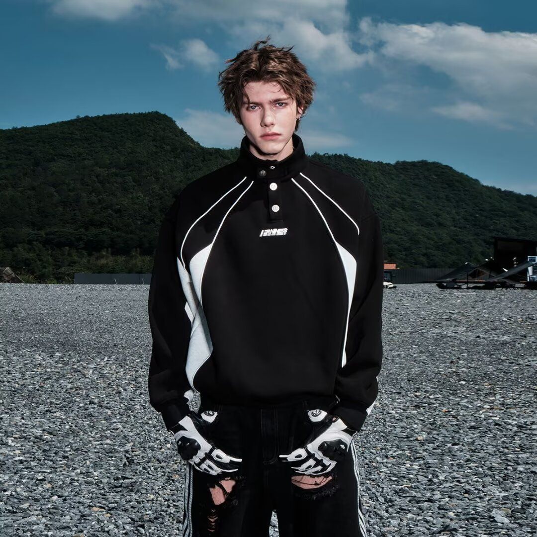 Men’s Stand Collar Heavyweight Sweatshirt – Trendy Slim Fit Pullover (Non-Branded, Poly-Cotton Blend, Black/White Casual Streetwear Essential)_voghion.com