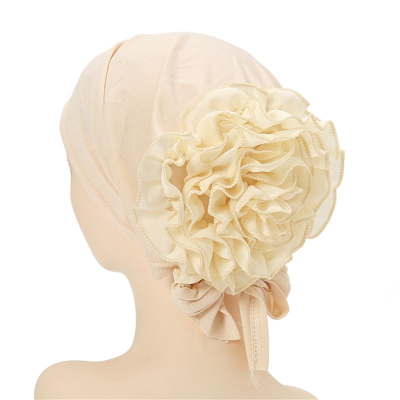   single color Muslim chiffon large flower hat baotou hat solid color versatile headscarf hat strap  _voghion.com