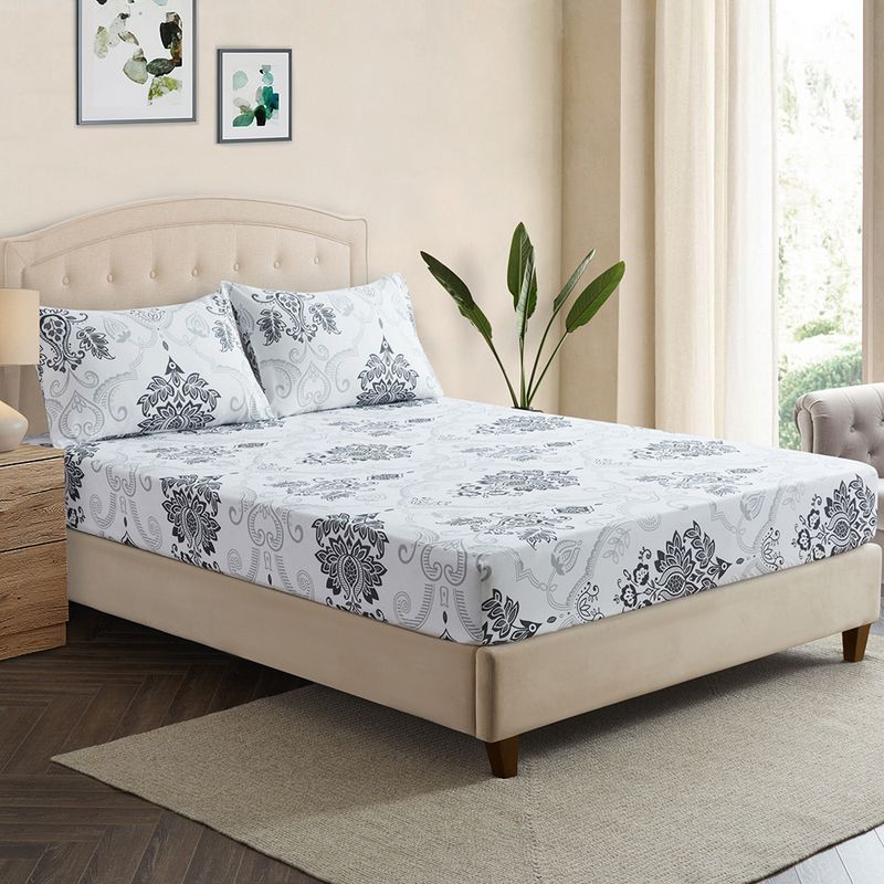 Gray And White Floral Perris Mattress Cover Polyester Skin Friendly Bed Fitted Sheet Mattress Protector Fitted Sheet_voghion.com
