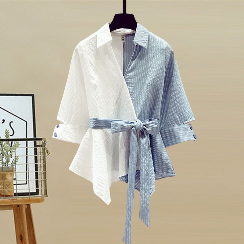 Damenbekleidung, altersreduzierendes Outfit, High-End-Streifen-Patchwork-Hemd, Jeans mit hoher Taille, zweiteiliger Anzug_voghion.com