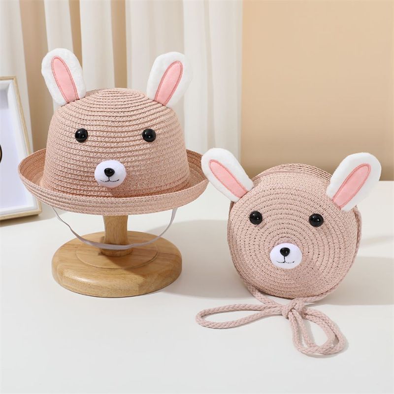 Kinder Stroh Tasche Set Cartoon-Muster Nette Sonnenschirm Strand Jungen und Mädchen Baby Cool Hut Flut_voghion.com