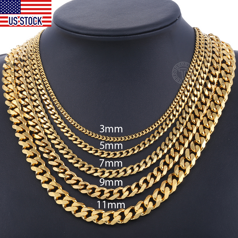 Mens Necklaces Chains Stainless Steel Black Gold Sier Color Necklace For Men Women Curb Cuban Jewelry 3/5/7/9/11mm_voghion.com