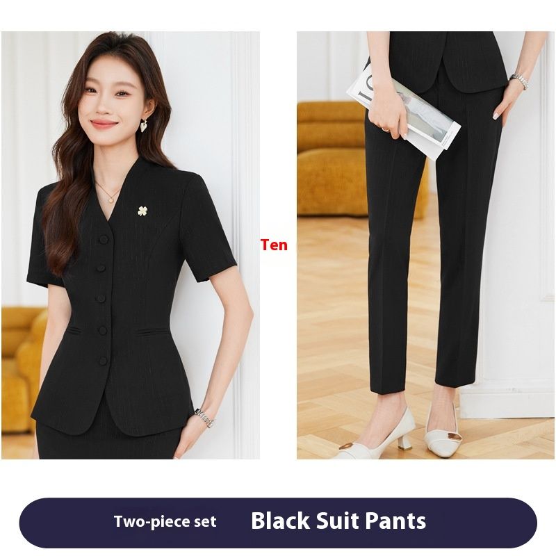 Tibetan Blue Short Sleeved Professional Suit Women's Summer Thin Style Hotel Front Desk Beauty Salon Workwear Jewelry_voghion.com