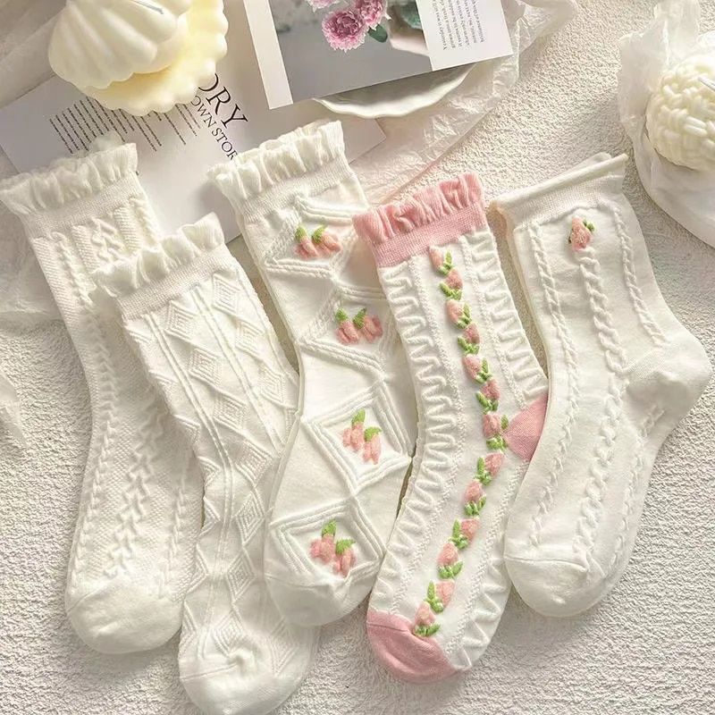 5 paia di graziosi calzini stile Haruku Lolita bianchi da donna in cotone rosa primaverile ed estivo con volant_voghion.com
