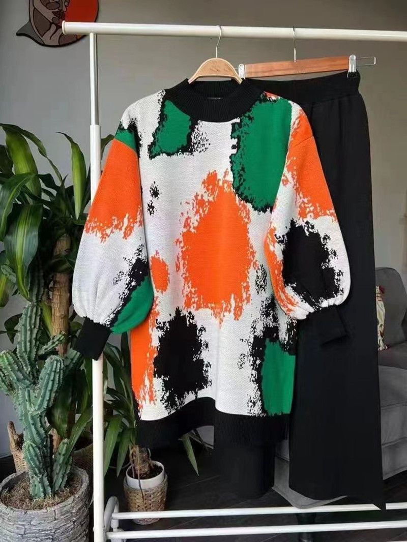 Women's Russian Long-sleeved Sweater Suit Knitted Top Trousers Suit For Women_voghion.com