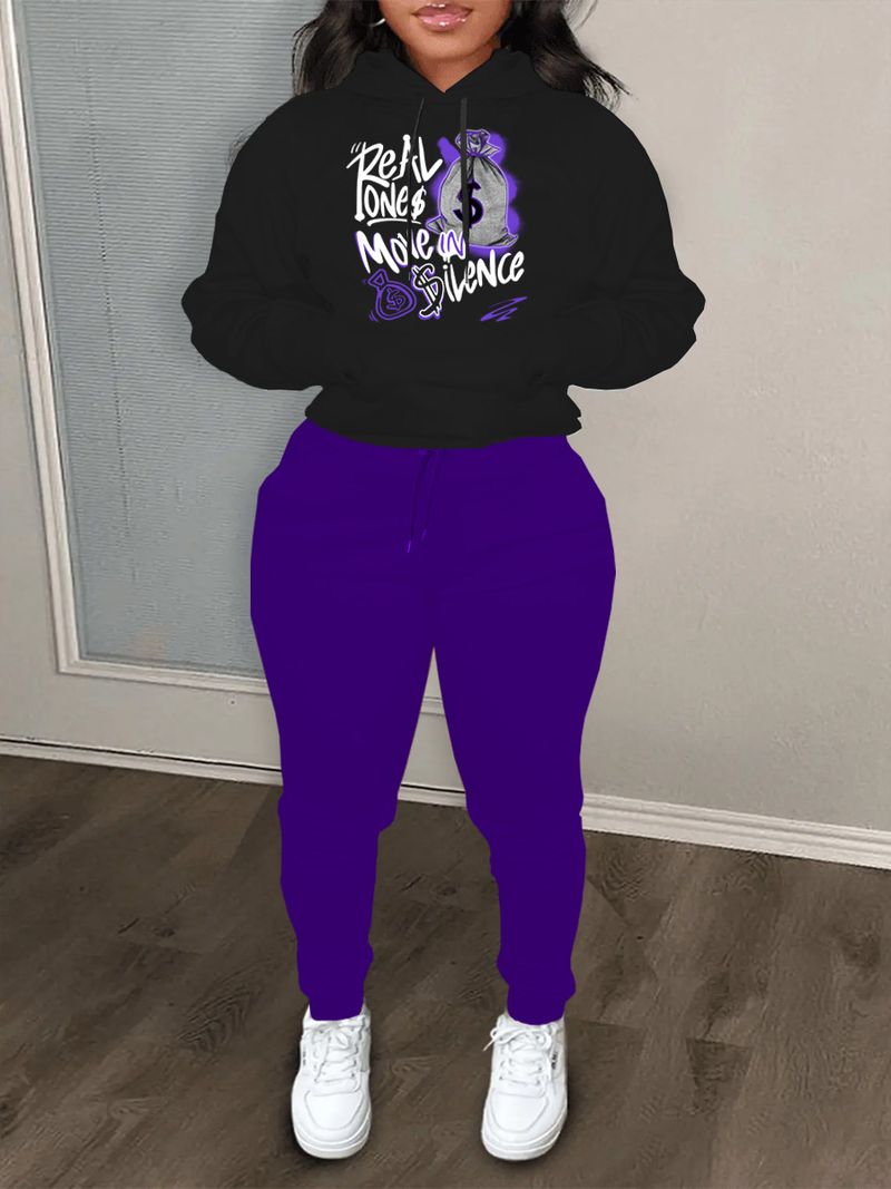 ensemble sweat-shirt à capuche bloc de couleur REAL ONE lettre imprime sweat-shirt et pantalon de survêtement ensemble grande taille_voghion.com