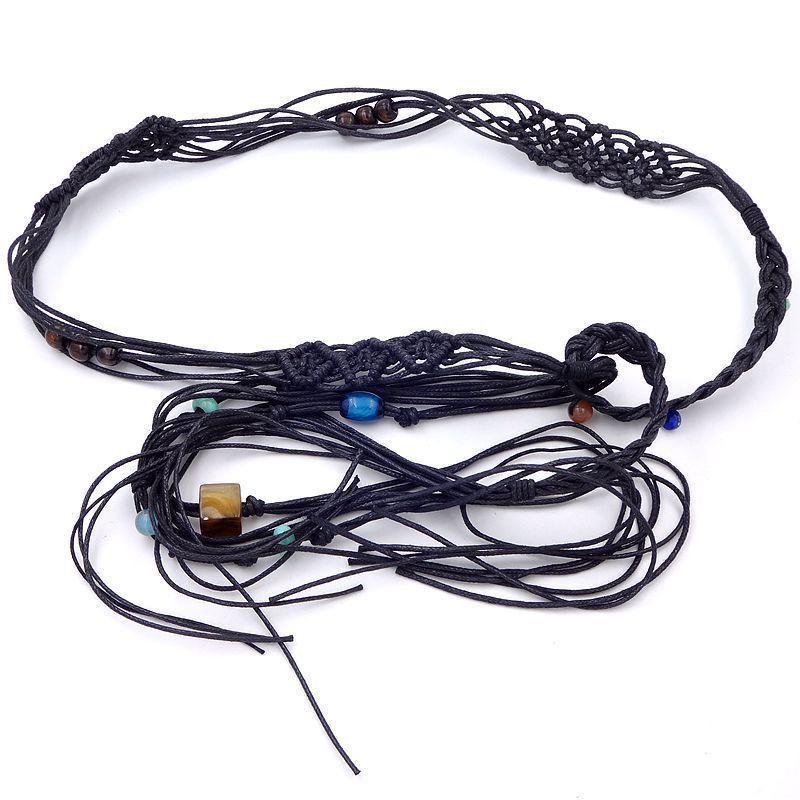 Ceinture en corde de coton tissée à la main, style ethnique, décontractée, avec pompon et perles, pour femme, simple et polyvalente, pour l'été_voghion.com