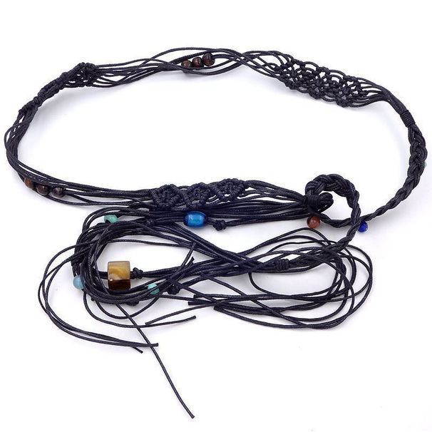 Ceinture en corde de coton tissée à la main, style ethnique, décontractée, avec pompon et perles, pour femme, simple et polyvalente, pour l'été_voghion.com