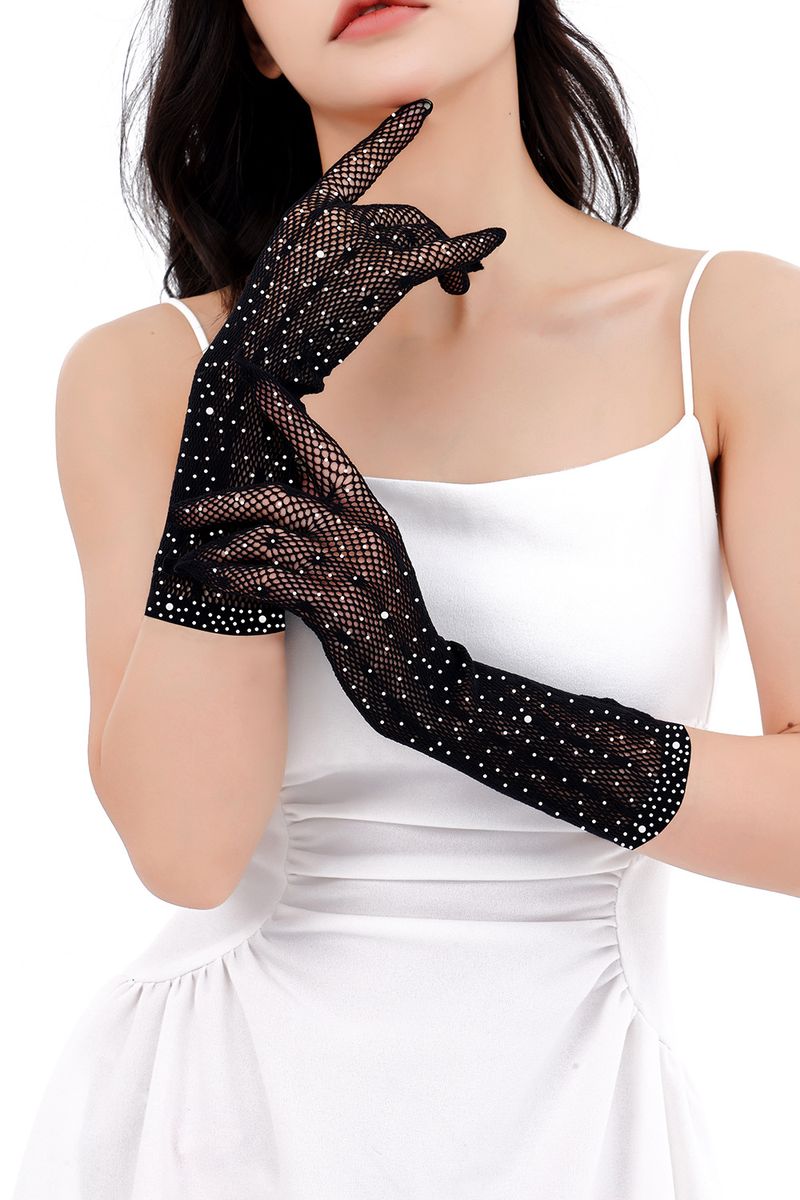 Sexy Rhinestone Lace Mesh Long Ladies Five Finger Thin Gloves_voghion.com
