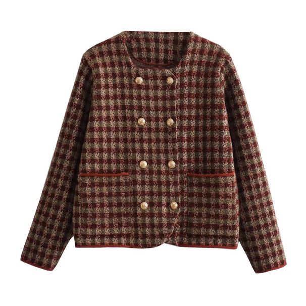 Women's 2023 Autumn New Maillard Brown Red Round Neck Double Row Buckle Small Fragrant Style Coat_voghion.com