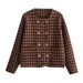 Women's 2023 Autumn New Maillard Brown Red Round Neck Double Row Buckle Small Fragrant Style Coat_voghion.com