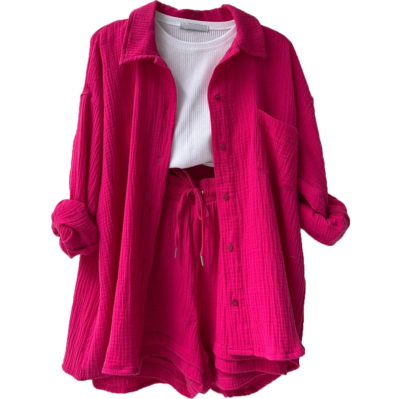  set da due pezzi camicia a maniche lunghe con risvolto stropicciato pantaloncini con coulisse a vita alta plus size abito casual moda esclusa canotta interna_voghion.com