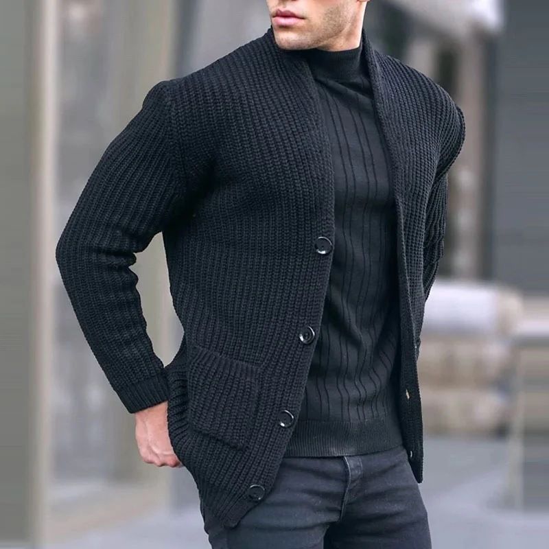 Herrenbekleidung Europäische und amerikanische Mode Strickjacke Langarm Lose Einfarbig Tasche Knopf Slim Fit Herren Herbst und Winter Neuer Pullover_voghion.com