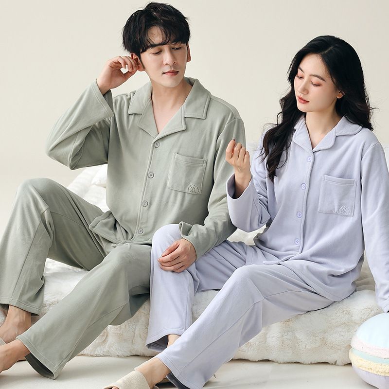 Couple's Pajama Island Warm Women's Set Coral Flannel and Thick Velvet Men's Loose Home Clothes_voghion.com