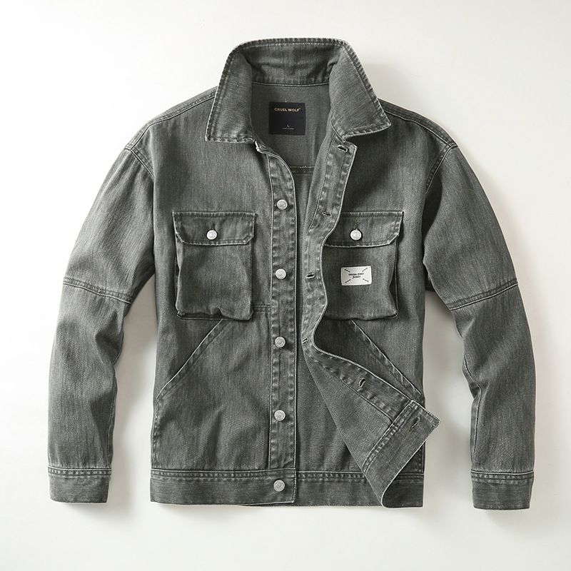 Giacca da lavoro in denim americano alla moda primavera 2025, in piqué, da uomo, in puro cotone, con colletto ribaltabile_voghion.com