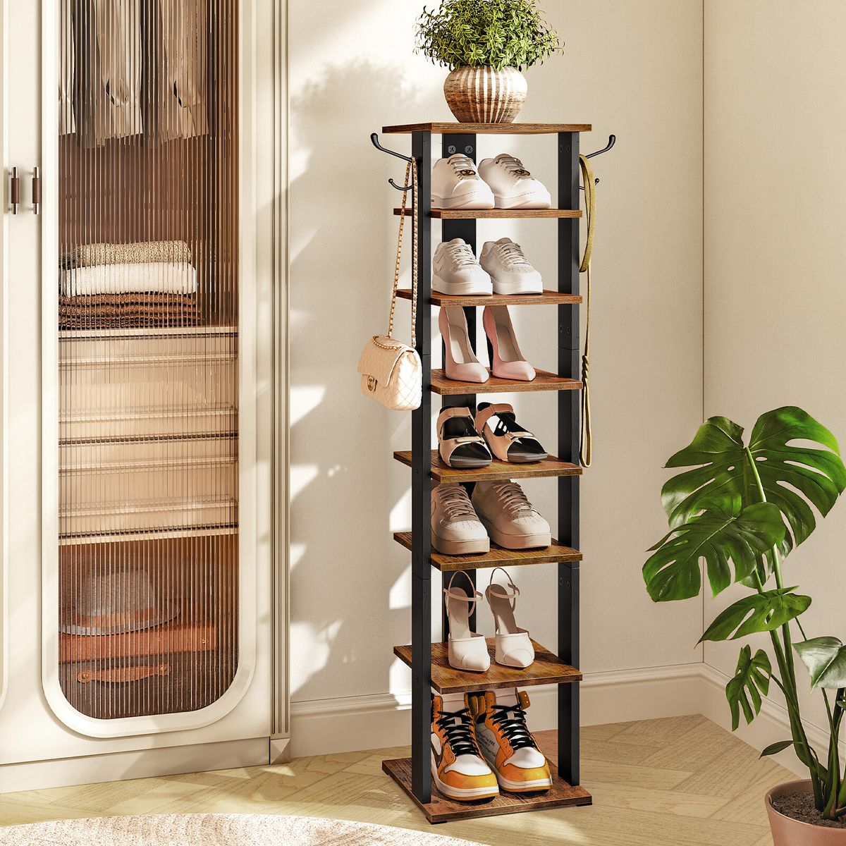 HOOBRO 8/9-Tier Shoe Rack Shoe Storage Organizer With 2 Hooks Shoe Tower_voghion.com