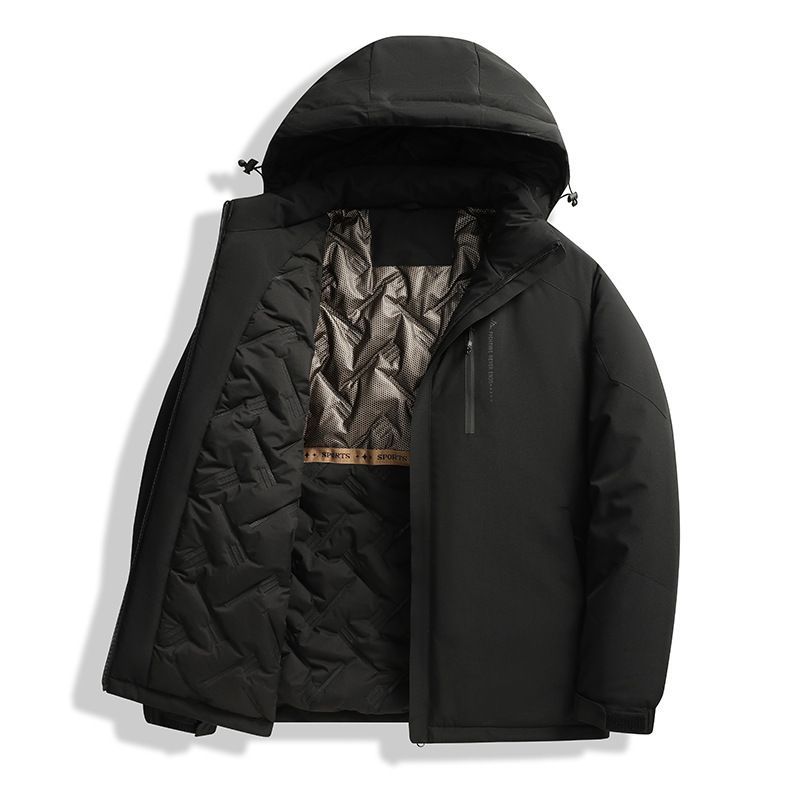 Giacca invernale con cappuccio da uomo con design a blocchi di colore, cappotto leggero imbottito in cotone per abbigliamento casual e all'aperto (nero/avorio-grigio)_voghion.com