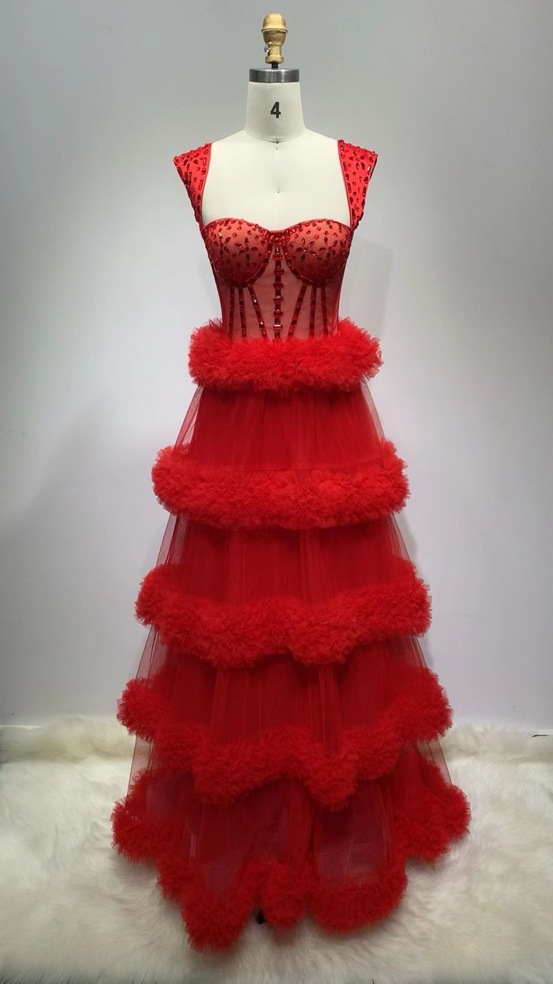 Damen Top Diamant eingelegt Mode Mesh puffy lange Verband Kleid High-End-Abendkleid_voghion.com