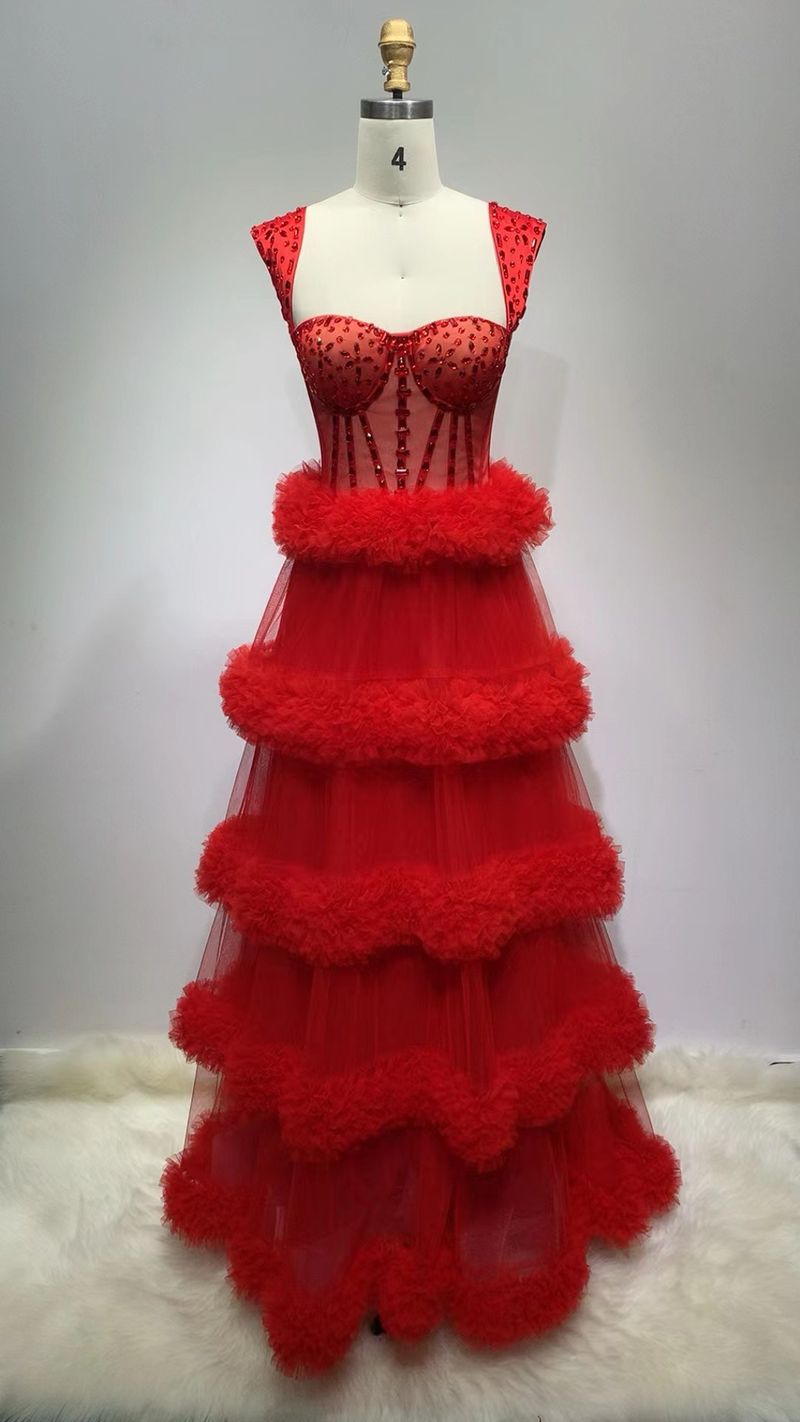 Rochie de damă de top cu incrustație de diamante, plasă de modă, umflată, cu bandaj lung, rochie de seară high-end_voghion.com