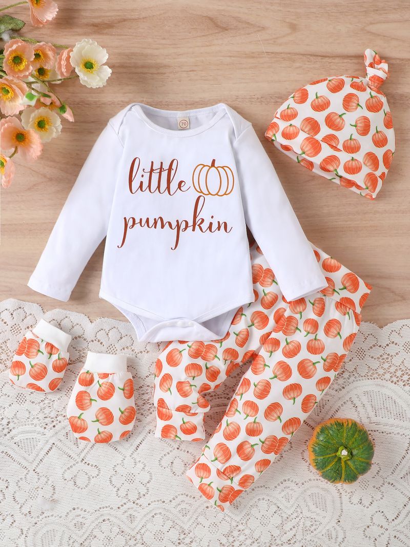 Kinderkostüm Baby Kinder Halloween Brief Bedruckte Kleidung Kürbis Hut Handschuhe Hosen Vierteiliges Set_voghion.com