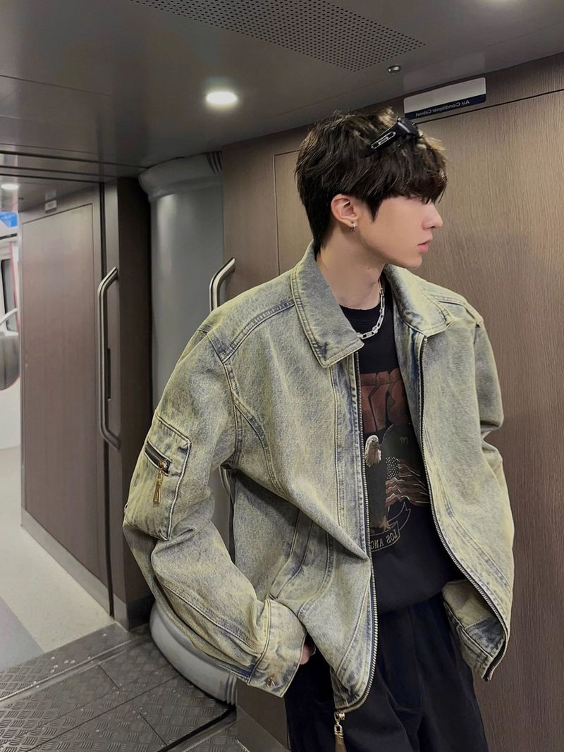 Men's Clothing Distressed Washed Jacket Handsome Denim Jacket Lapel Top_voghion.com