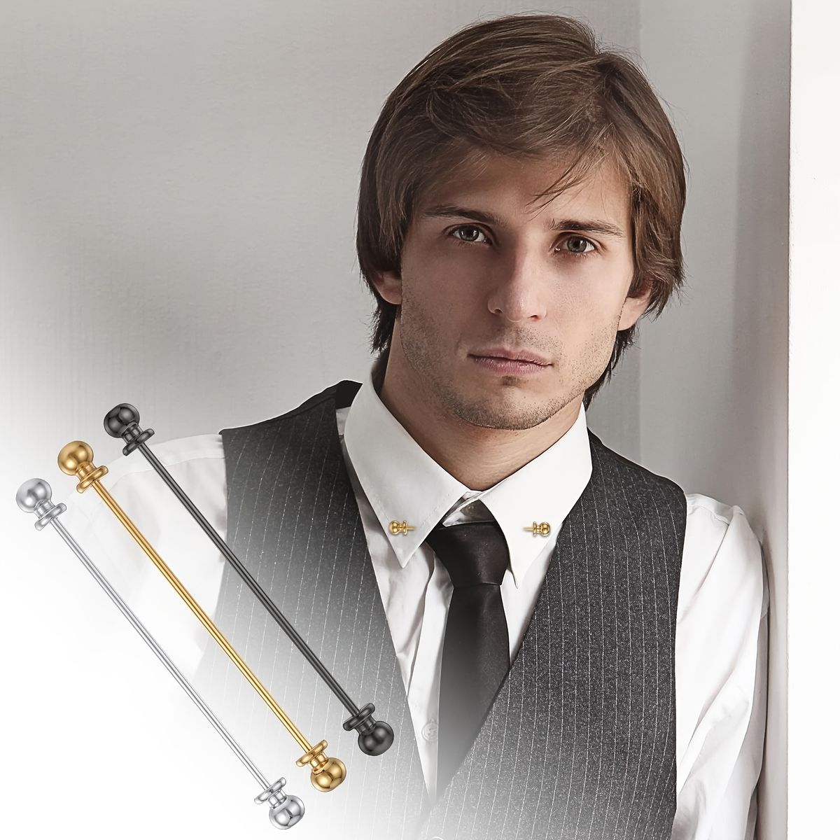 3 Pieces Men's Brass Ball Collar Bar Pins, Clasp Lapel Stick Brooch, Classic Collar Clips For Men(Silver, Golden, Black)_voghion.com