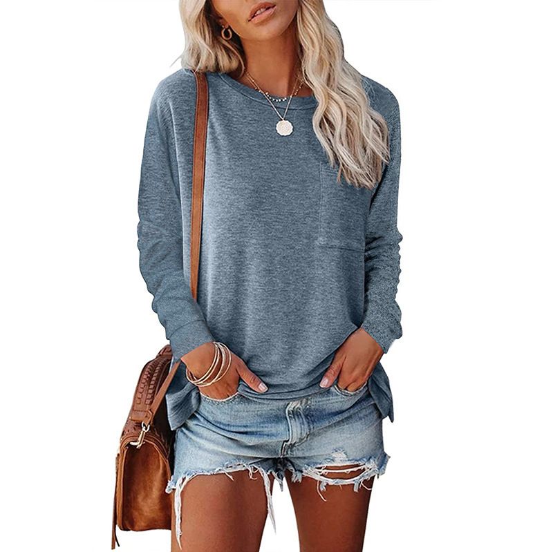 T-shirt da donna 2022 autunno/inverno girocollo tasca divisa manica lunga casual allentata_voghion.com