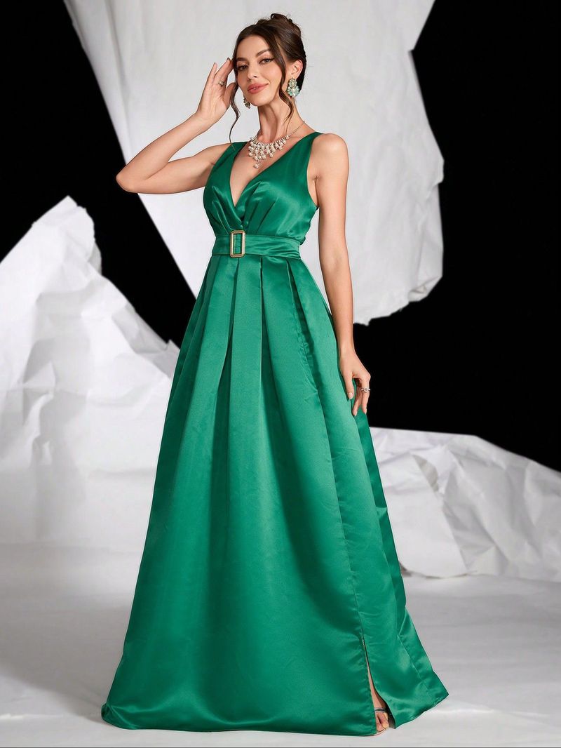 Robe de soirée élégante à col en V et dos nu – Robe trapèze pour fêtes et galas (S/M/L/XL, vert émeraude)_voghion.com