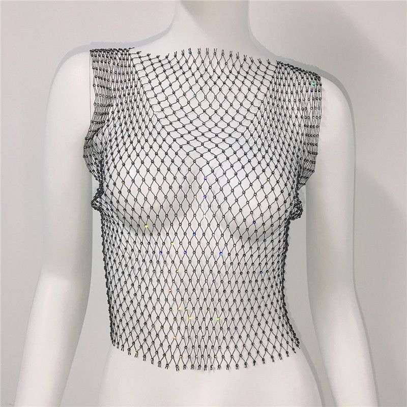 Mesh blixt diamant nätväst sexig genomskinlig nattklubb outfit hot girl strass topp för kvinnor_voghion.com