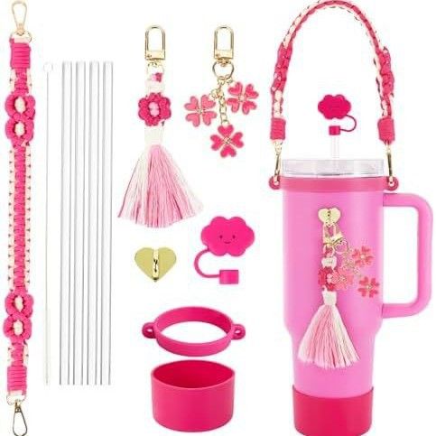 Set di accessori in silicone con impugnatura a forma di margherita, 4 pezzi, manicotto per tazza con cannuccia a forma di nuvola, cinturino colorato, portachiavi con nappa floreale, adatto per bicchieri da 16-30 once_voghion.com