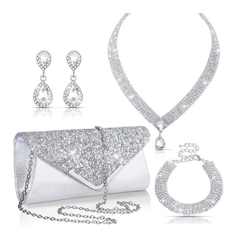 Set di gioielli da donna con ciondolo a goccia semplice, collana con zirconi, orecchini con strass, set da 4 pezzi, borsa da sera, accessori per abito da sposa_voghion.com