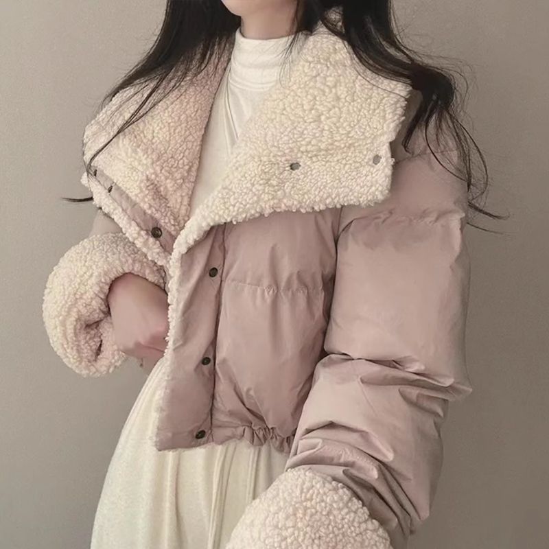 Piumino corto da donna con collo in pelliccia sintetica, bomber oversize reversibile, cappotto invernale foderato in pile per outfit casual_voghion.com