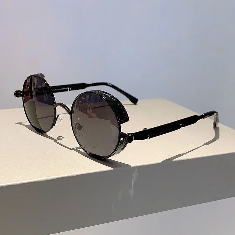KLASSNUM Occhiali da sole rotondi vintage da uomo Classico gotico Steampunk Gambe a molla in metallo Occhiali da sole Designer di marca Anti UV400_voghion.com