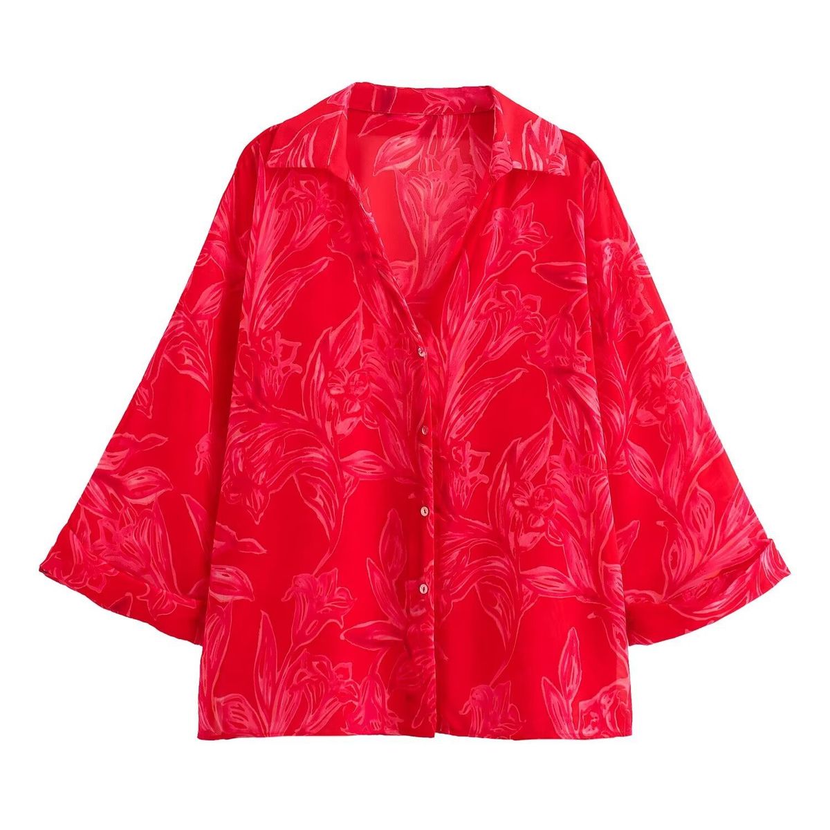 Verve Women's Fashion New Style Versatile Floral Print Trasparente Blusa8691137_voghion.com