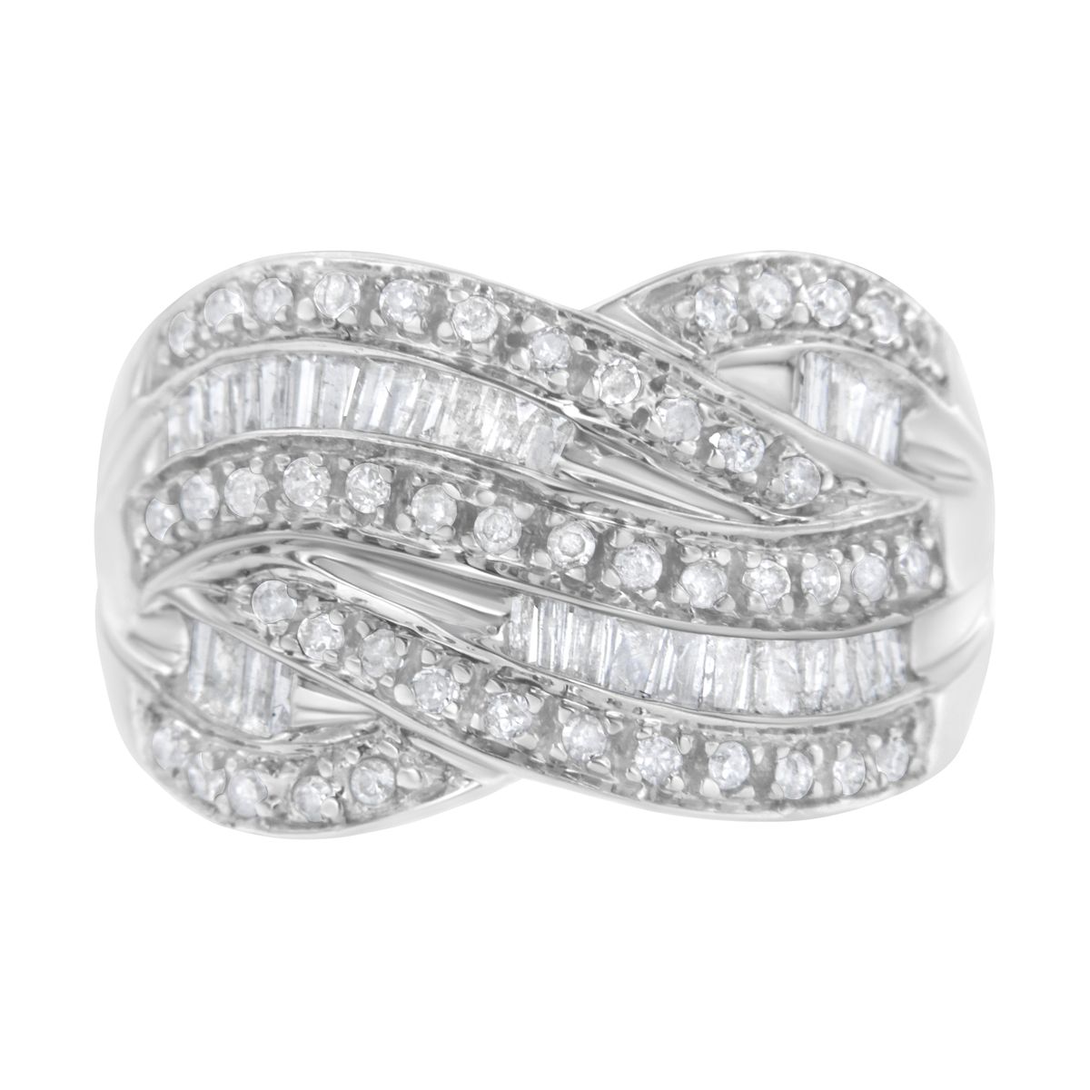 .925 Sterling Silver 1.0 Cttw Channel Set Alternating Round and Baguette Diamond Cross-over Bypass Ring Band (I-J Color, I2-I3 Clarity)_voghion.com