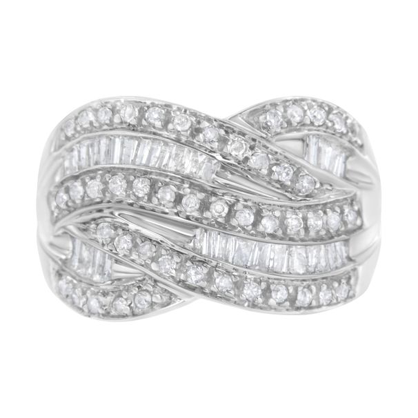 .925 Sterling Silver 1.0 Cttw Channel Set Alternating Round and Baguette Diamond Cross-over Bypass Ring Band (I-J Color, I2-I3 Clarity)_voghion.com