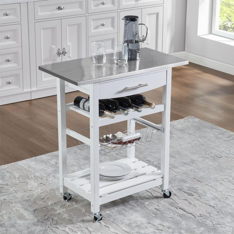 Mobile Rolling Kitchen Island Trolley Serving Cart With Underneath Drawer & Slide-Out Wire Storage Basket_voghion.com