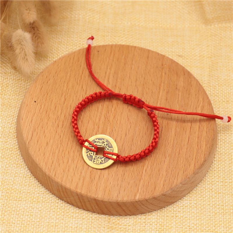Braccialetto in corda rossa con monete di rame puro intrecciate a mano, portafortuna delle cinque monete dell'imperatore, per uomini e donne_voghion.com
