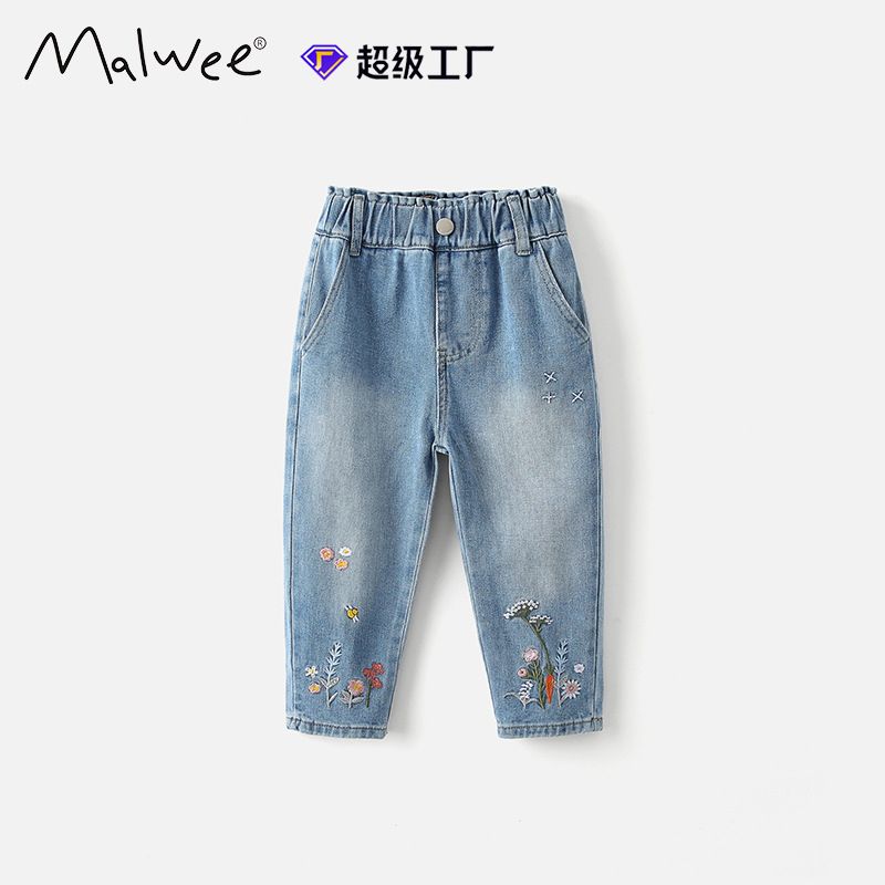 Cross-Border Malwee Girls' Jeans Autumn Winter New European And American Style Elastic Waist Pants For Young Children_voghion.com