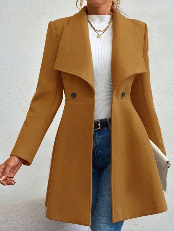 Elegant Long Wool Coat For Women - Slim Fit Winter Trench Coat With Notched Lapel, Warm Polyester Blend Overcoat In Black, Khaki, Camel & Burgundy_voghion.com