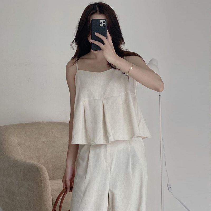 Summer French Style Simple Square Neck Solid Color Camisole + High Waist Versatile Wide Leg Casual Pants High-End Set_voghion.com