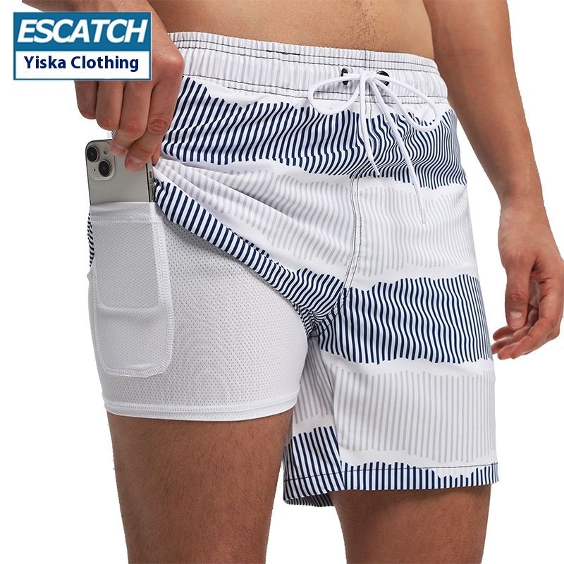 Righe verticali blu e bianche, nuovi pantaloncini da bagno stampati, pantaloni da spiaggia, pantaloncini sportivi a doppio strato da uomo 2 in 1, anti_voghion.com