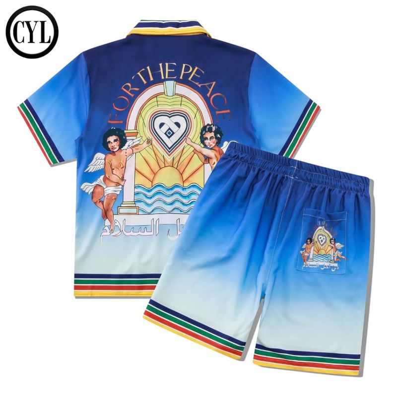 Men's Clothing Little Angel Cuban Collar Shirt Suit Short Sleeve Men Spring And Summer Atmosphere Shirt Shorts Matching_voghion.com