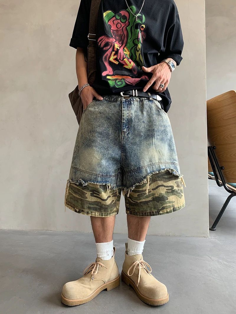 Pantaloncini in denim strappati da uomo, stile retrò, larghi e versatili, da strada_voghion.com