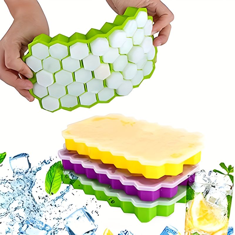 Lot de 3 bacs à glaçons en nid d'abeille avec couvercles, moules à glaçons réutilisables en plastique, petite machine à glaçons en silicone pour congélateur_voghion.com