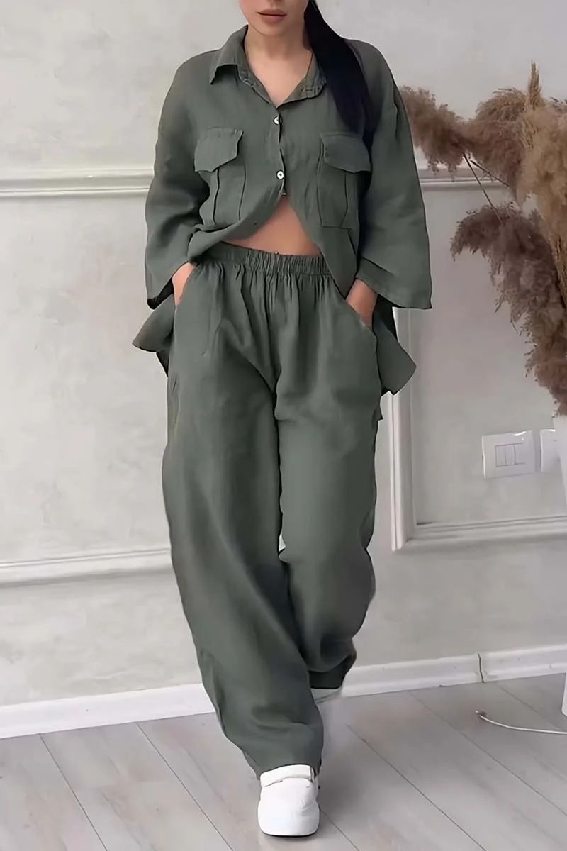 2-teiliges Set für Damenbekleidung, großes Hemdset aus Baumwolle und Leinen, hohe Taille, lockere Hose_voghion.com