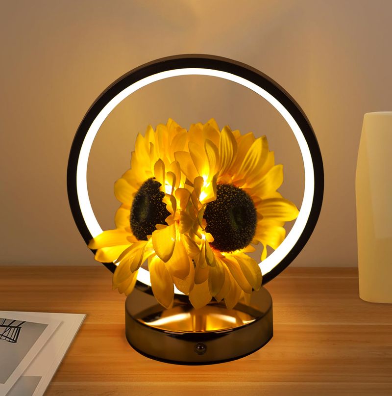 New round simulated sunflower flower lamp decoration ornament, high-end feeling desk bedside lamp, rechargeable ni_voghion.com