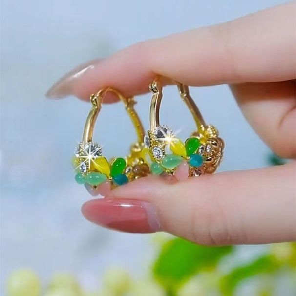 Orecchini a clip con fiori in pietra colorata con occhio di gatto, design unico e di alta qualità per donne alla moda_voghion.com